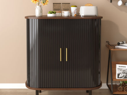 Fluted Wine Bar Cabinet With 8 Grid Wine Rack, 5 Level Adjustable Shelves, 2 Glass Holders