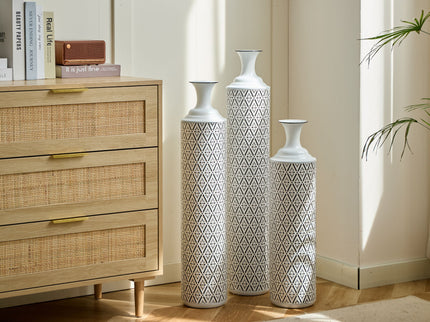 Modern Floor Vase Set Metal Vases With Geometric Pattern, 3 Piece Home Decor Set - White / Black