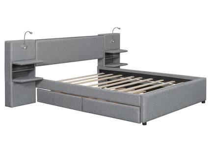Upholstered Platform Bed With Reading Lights, Drawers, Trundle And Shelves