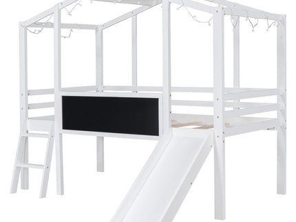 Loft House Bed With Ladder And Slide, With board And Light Strip On The Roof