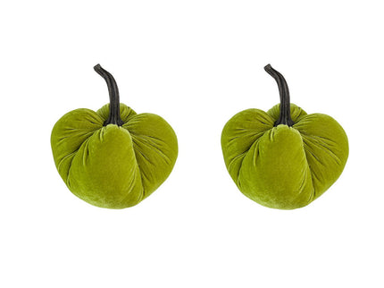 Velvet Weighted Pumpkin With Resin Stem Apple, Pumpkin Ornament Decor For Holiday Harvest Festival Fall Festival & Thanksgiving (Set of 2) - Green