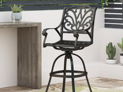 Outdoor Cast Aluminum Swivel Bar Stool With Scrolled Arms - Bronze