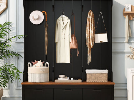 Hall Tree With Bench And Shoe Storage, 3 Large Drawers, Open Storage Shelves & Hooks