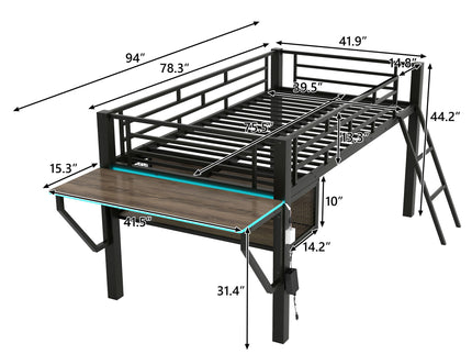 Gaming - Twin Loft Bed With Desk And LED - Black