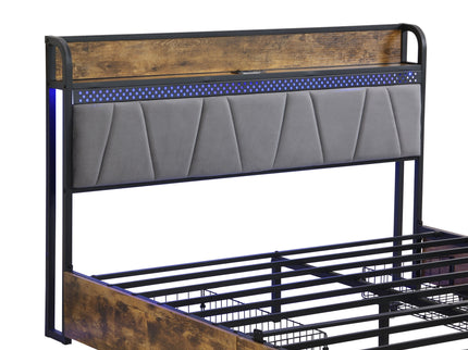 Contemporary Bed Frame With Storage Headboard, Charging Station, LED Lights