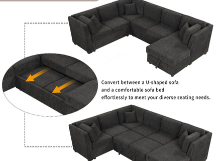 U-Shaped Sectional Sofa Pull Out Sofa Bed With Two USB Ports, Two Power Sockets, Three Back Pillows And A Storage Chaise For Living Room