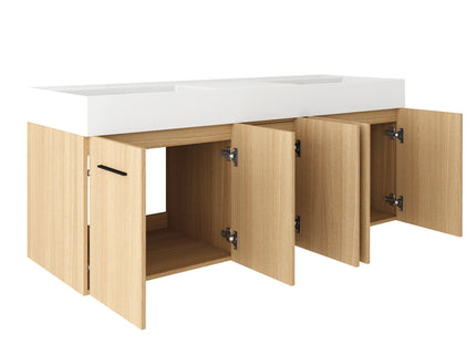 Floating Double Sink Bathroom Vanity With Extra Large Storage, Integrated Sink, Soft Close Doors, Wall Mounted Bath Vanity - Glossy White / Light Oak