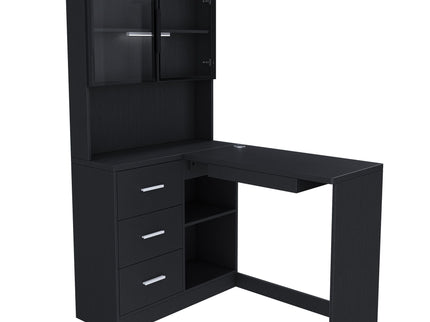 L-Shaped Computer Desk With Glass Cabinets, Built In LED Lights, USB Charging Ports