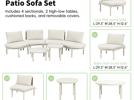 6 Piece Patio Set, Half Moon Outdoor Sectional Sofa With 2 High Low Coffee Tables, 4 Pillows & Cushions