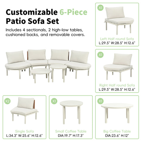 6 Piece Patio Set, Half Moon Outdoor Sectional Sofa With 2 High Low Coffee Tables, 4 Pillows & Cushions