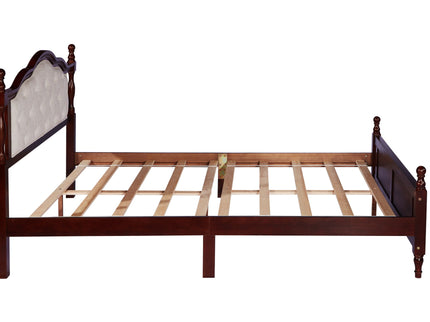 Pine Wooden Bed With Upholstered Headboard And Panel Footboard, With Two Bed Rail Support Feet And Central Platform Support Feet