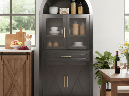 Arched Kitchen Pantry Cabinet With Adjustable Shelves And Barn Door Design