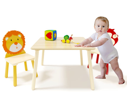 Kids Table And 2 Chairs Set, 3 Pieces Toddler Table And Chair Set, Wooden Activity Play Table Set (Lion&Monkey) - Natural