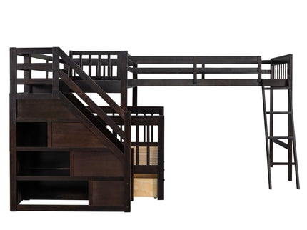 Solid L Shaped Bunk Bed With 3 Drawers, Ladder And Staircase