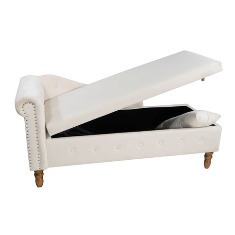 Chaise Lounge Indoor, Lounge Chair For Bedroom With Storage & Pillow, Modern Upholstered Rolled Arm Chase Lounge For Sleeping With Nailhead Trim For Living Room Bedroom Office