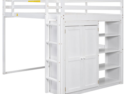 Loft Bed With Built In Wardrobe, Storage Shelves, And LED Light