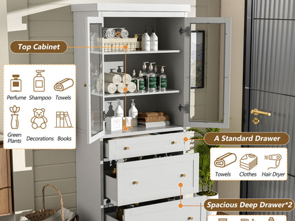 Freestanding Tall Bathroom Cabinet With Adjustable Shelves, Drawers, Soft Close Glass Doors