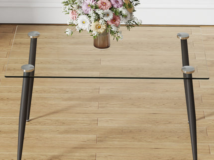 Modern Rectangular Glass Dining Table With Tempered Glass Top And Metal Legs For 4 - 6 People - Black / Transparent