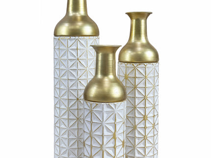 Tall Textured Geometric Decorative Floor Vases Home Decor (Set of 3) - White / Gold