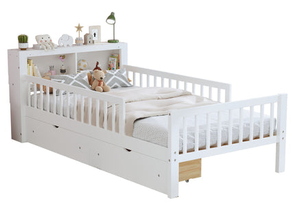 Bed With Headboard Storage Rack, 2 Under Bed Drawers, 3 Side Guardrails For Safety