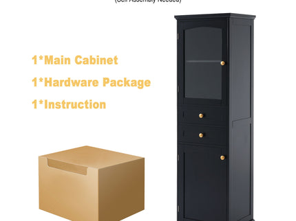 Tall Bathroom Storage Cabinet With Glass Doors, Free-Standing, Two Drawers, And Adjustable Shelves, Board, Painted Perfect For Displaying Your Favorite Items