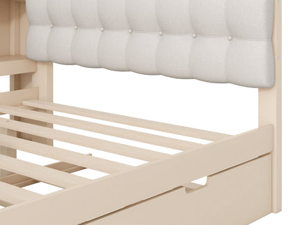 Upholstered Headboard Platform Bed With Storage Shelves, Trundle, Charging Station