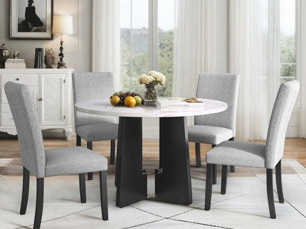 5 Piece Round Dining Table Set, Dining Table And 4 Upholstered Chairs For Dining Room, Kitchen Room, Living Room - White / Gray