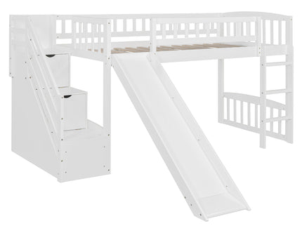 Loft Stairway Bed With 2 Drawers, Convertible Ladder And Slide