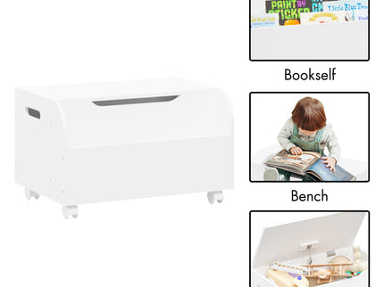 Toy Box With 4 Universal Wheels, Kids Playroom Storage Organizer With Front Bookshelf, Flip Top Lid, Safety Hinge - White