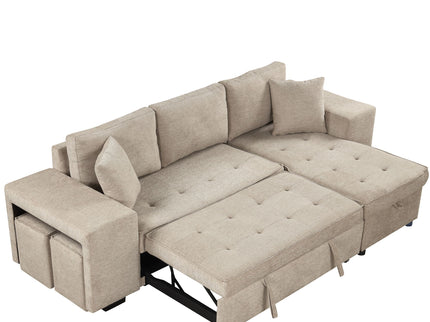 Modern L-Shape 3 Seat Reversible Sectional Couch, Pull Out Sleeper Sofa With Storage Chaise And 2 Stools For Living Room Furniture Set