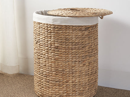 Round Tall Water Hyacinth Woven Wicker Laundry Hamper With Lid - For Clothes, Toys And Book Storage With Removable Liner - 15" X 15" X 20" - Natural Brown
