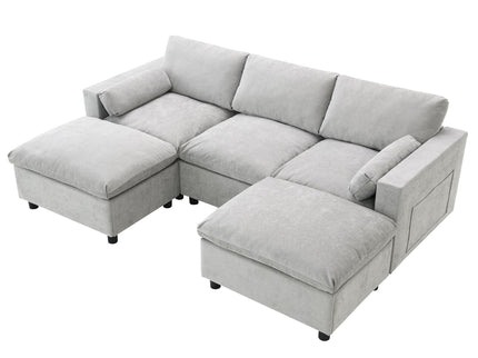 Modular Sectional With Storage Pockets, 5 Seat U Shaped Couch Set With Pillows, Free Combination Modern Cloud Sofa With 2 Movable Ottoman