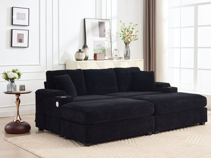 Convertible Sectional Sofa Bed Set With Armrest Storage, Cup Holder, USB - Black