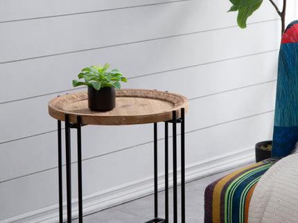 Round Side Table With Wood Top, End Table For Living Room Bedroom - Black Brown