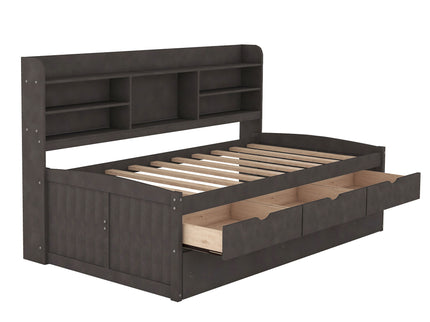 Captain Bed With Built In Bookshelves, 3 Storage Drawers, And Trundle