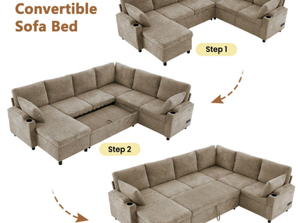 U-Shaped Sectional Sofa Bed With Storage, Charging Ports, And Cup Holders - Brown