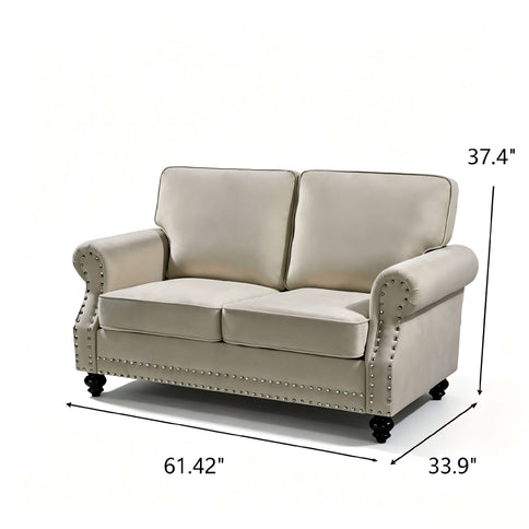 Loveseat Sofa With Nailhead Detail & Turned Legs, 2 Seater Upholstered Couch