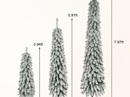 Slim Snow Flocked Pre Lit Pencil Christmas Tree, 3.9Ft / 5.9Ft / 7.9Ft With 750 Branch Tips, 480 LED Lights, Warm Glow, For Indoor Holiday Decor - White
