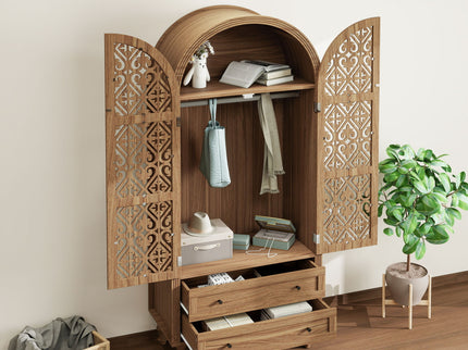Tall Kitchen Pantry Cabinet With Hollow Carved Doors 2 Drawers And Adjustable Shelves Storage Display Cabinet For Kitchen Dining Room Or Living Room - Walnut