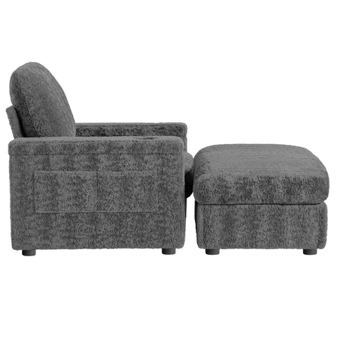 Oversized Chaise Lounge Indoor Rabbit Fur Sofa Bed With Storage Ottoman And Armrests Cup Holders With Deep Seat
