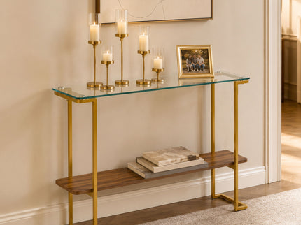 Console Table With Shelf, 2 Tier Living Room - Gold / Walnut