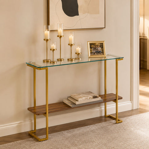 Console Table With Shelf, 2 Tier Living Room - Gold / Walnut