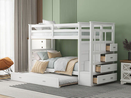 Twin Over Twin Bunk Bed With Trundle And Staircase - White