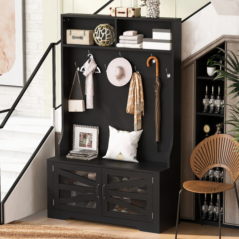 Entryway Bench With Coat Rack, 3 In 1 Design And Adjustable Shelves