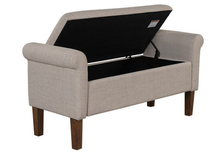Upholstered Storage Bench With Rolled Armrests - Beige