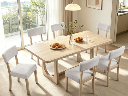 7 Piece Dining Table Set For 6, Rectangular Table & 6 Upholstered Chairs, Sturdy U - Shaped Base For Dining Room - Light Oak