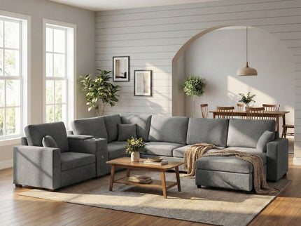 Modular 5 Seat U-Shape Sectional Sofa With Chaise Lounge, Built In Cup Holders And Storage Drawer