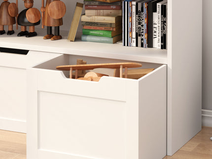 Book Organizer With Large Drawers And Open Shelves, Toy Storage Cabinet With Removable Wheels And Rounded Edges - White