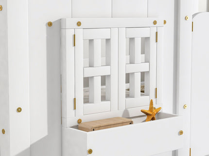 House Bunk Bed With Roof, Window, Window Box, Door, With Safety Guardrails And Ladder