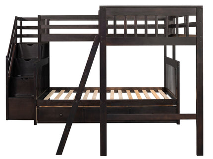 Solid L Shaped Bunk Bed With 3 Drawers, Ladder And Staircase